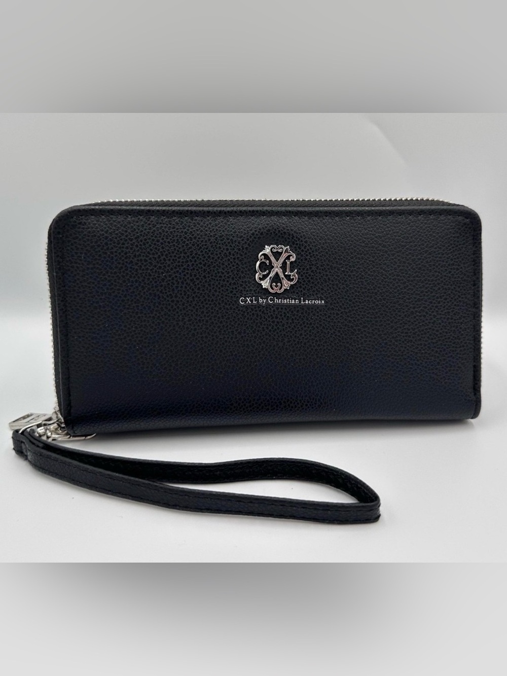 Christian Lacroix Black Leather Wristlet with Silver Emblem